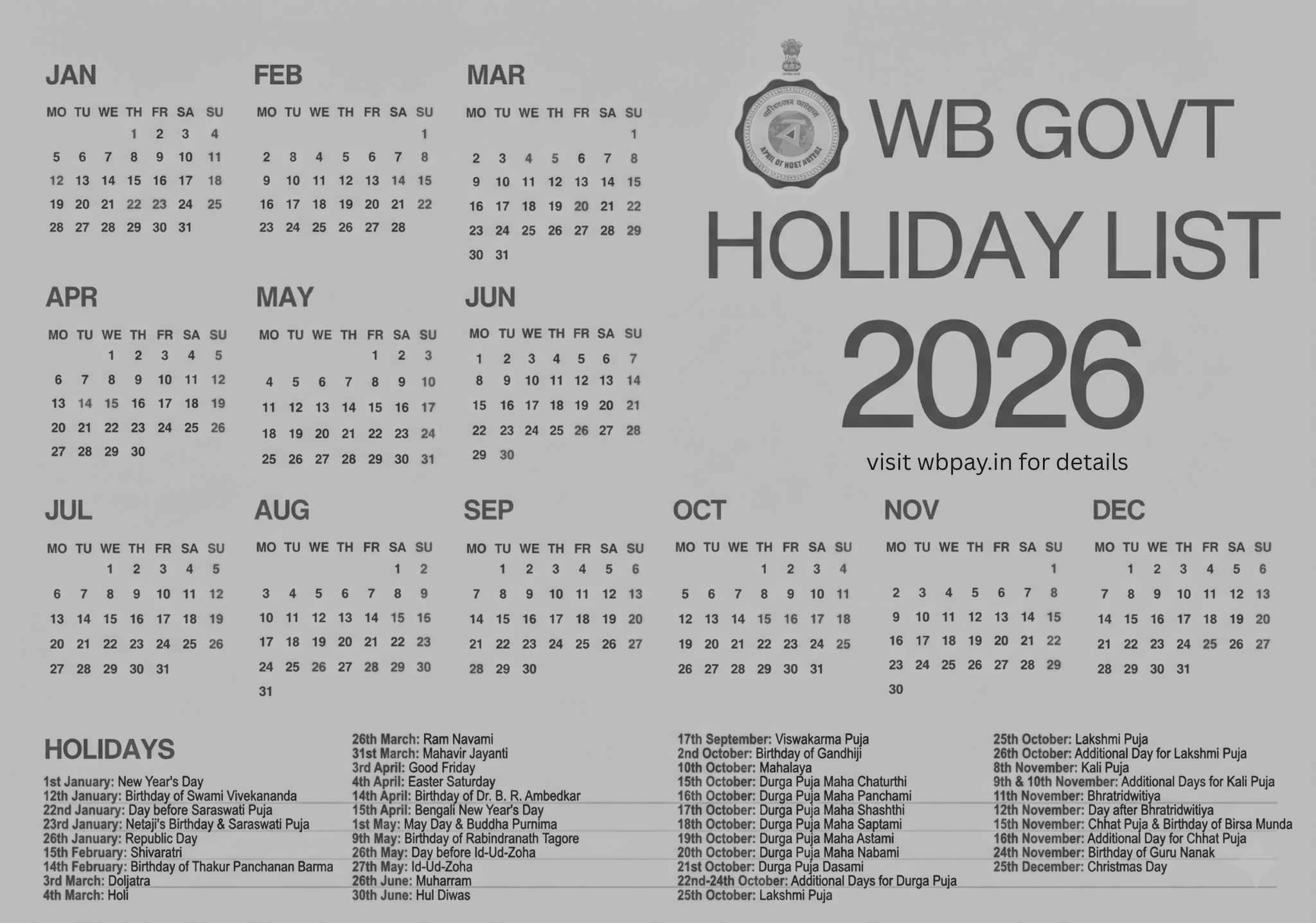 West Bengal unveils 2026 calendar with over 150 off days for govt staff