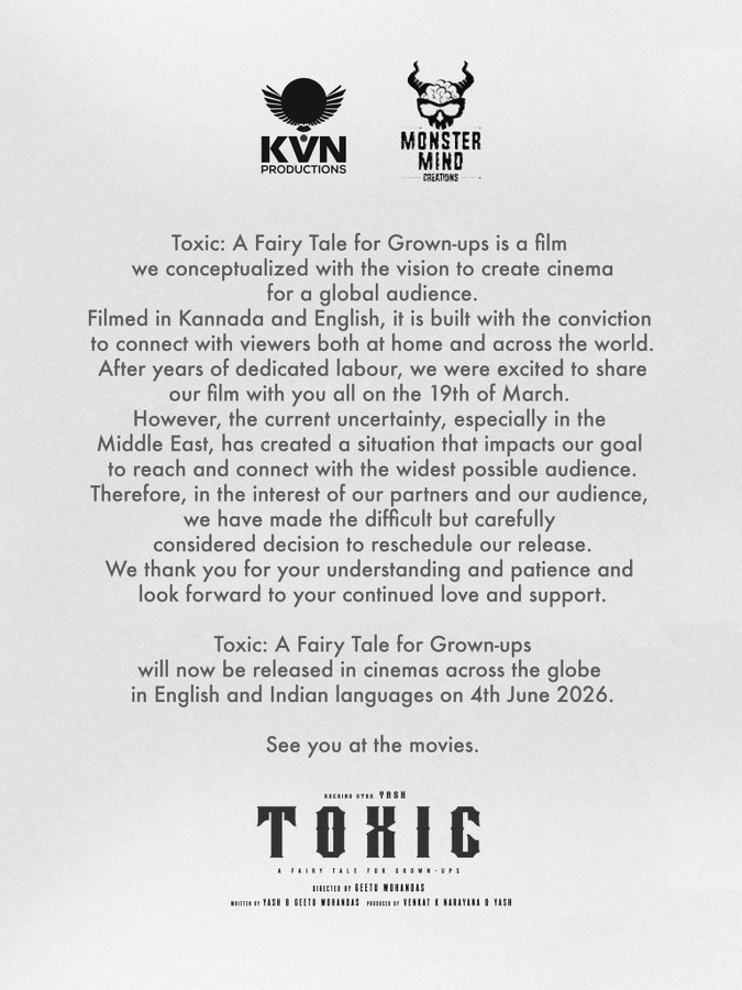 Even 'Toxic' can't beat the real toxicity Middle east conflict delays Yash's film