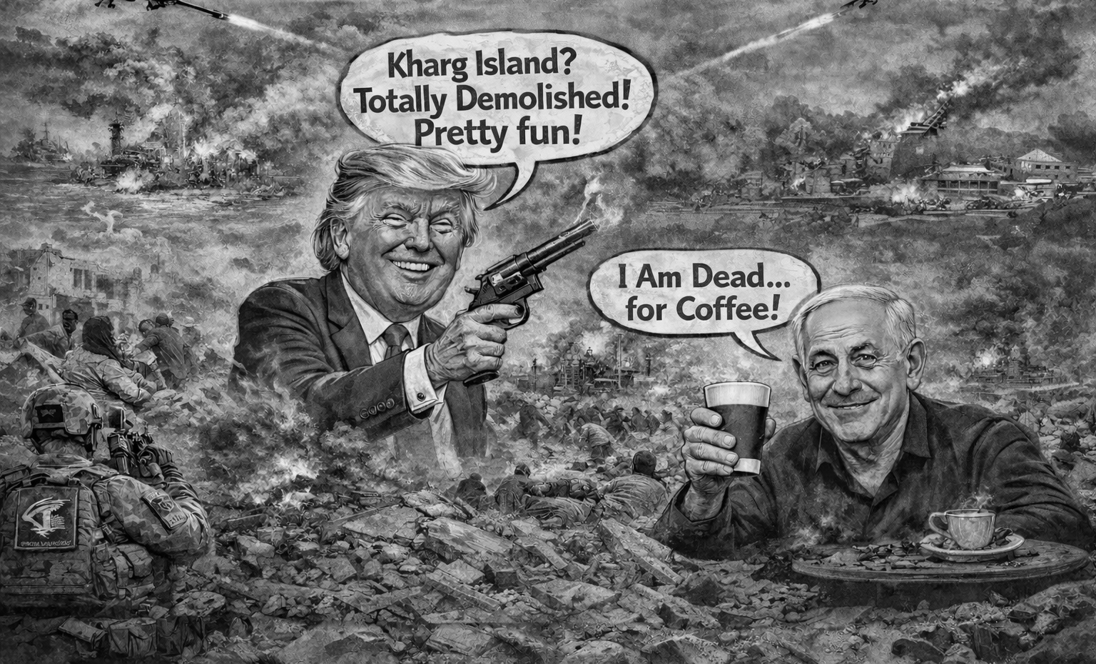 Middle East war day 16: Netanyahu needed coffee to prove he's alive. Trump needed Kharg to prove he's tough