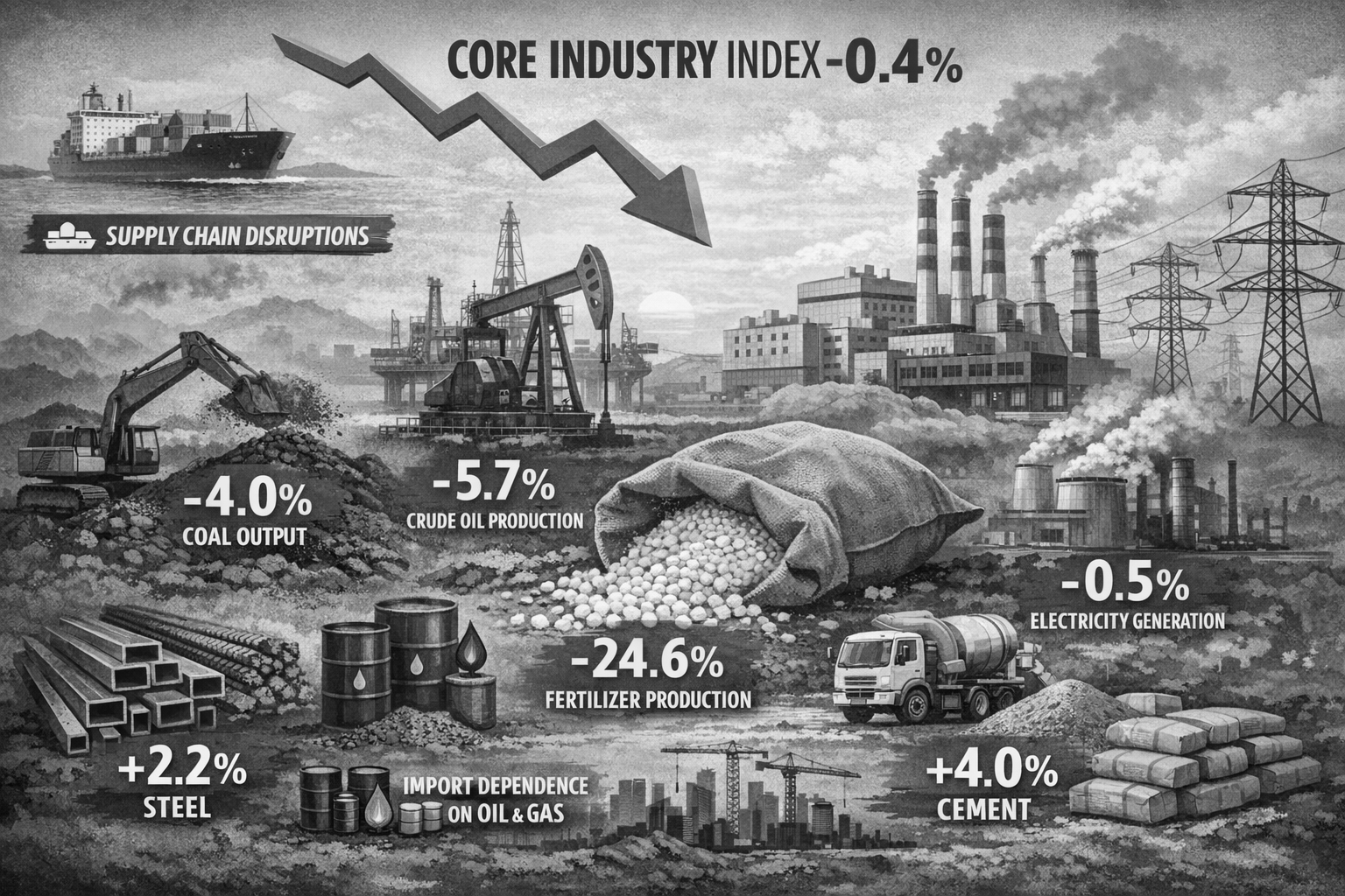 Core Industries Dip 0.4% in March, Dragged by Fertilizers and Energy Weakness