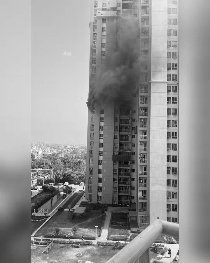 21st-Floor Noida Tower Engulfed in Flames After Suspected AC Blast Amid Scorching Heat