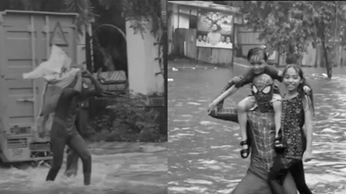 Man in Spiderman Suit Aids Commuters in Flooded Bhiwandi